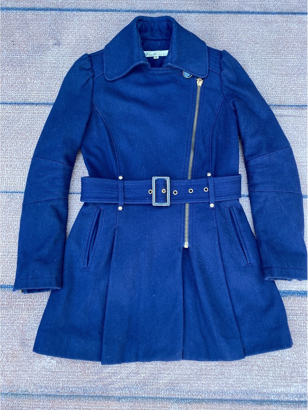 Asymmetrical zip belted wool fit and flare military peacoat navy Kenneth Cole 2
